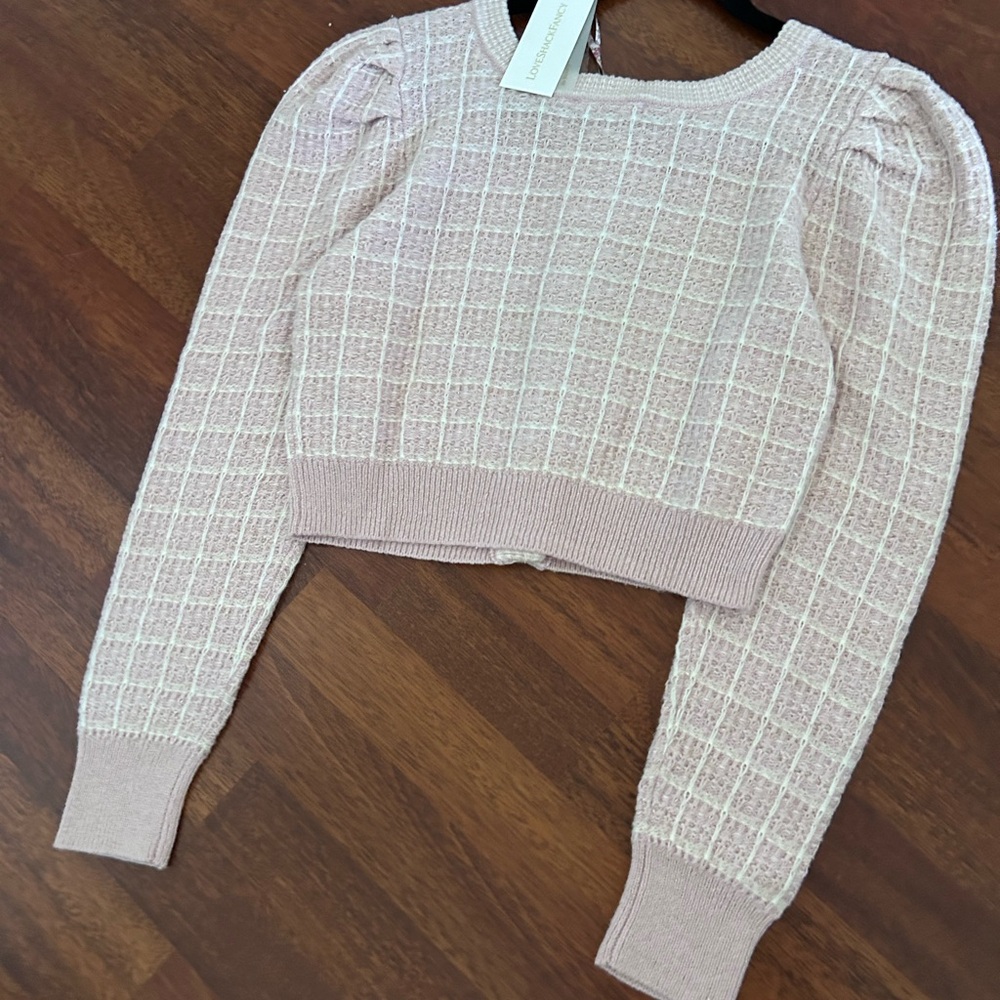 W/ Tags LoveShackFancy Daughter Checked Cropped Cardigan Sweater in Pink Winds M - Picture 14 of 17